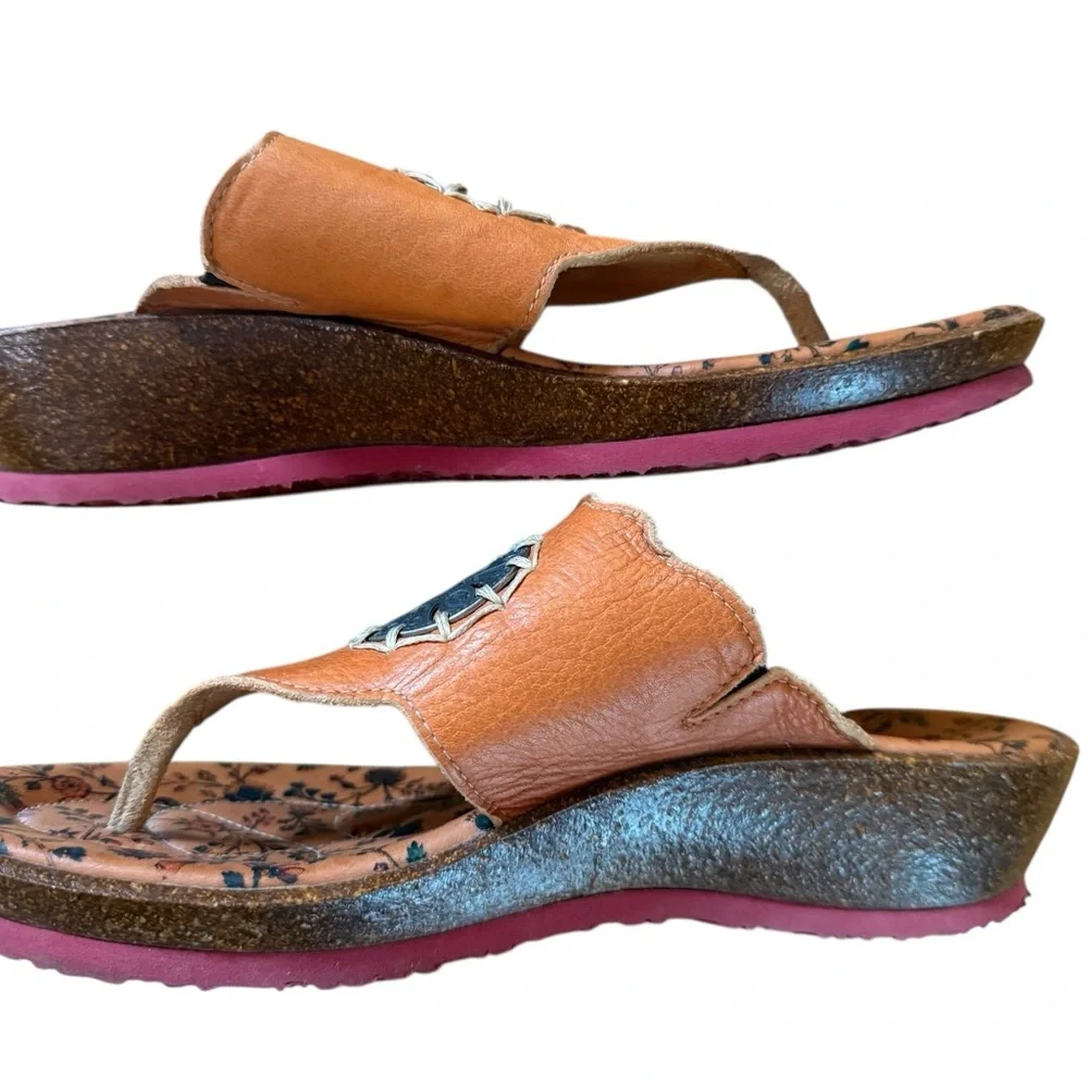 Think! Orange Leather Medallion Accent Wedge Sandals EU 40 US Boho